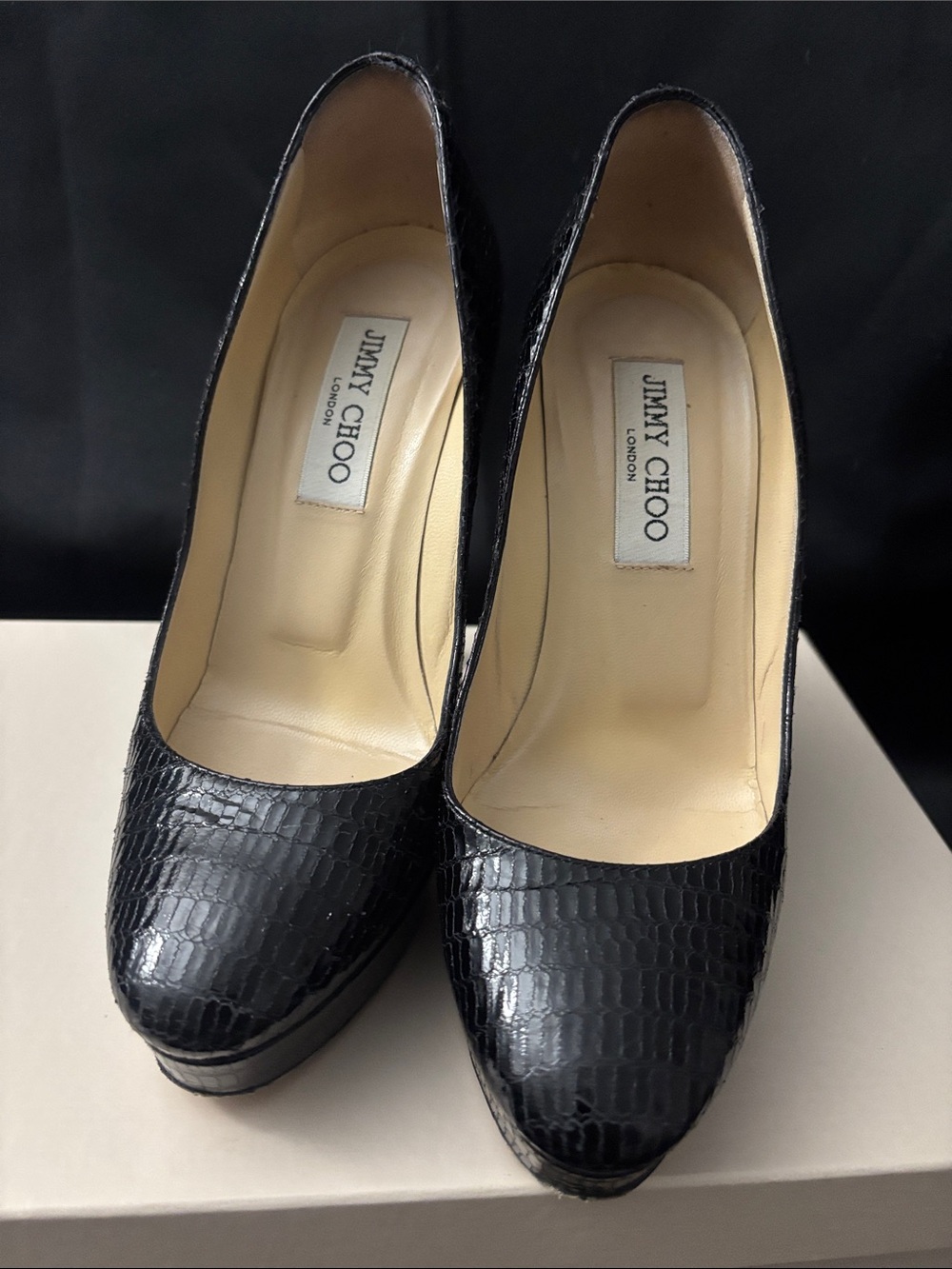 Jimmy Choo Black Croc-Embossed Patent Leather Pumps - Picture 2 of 13